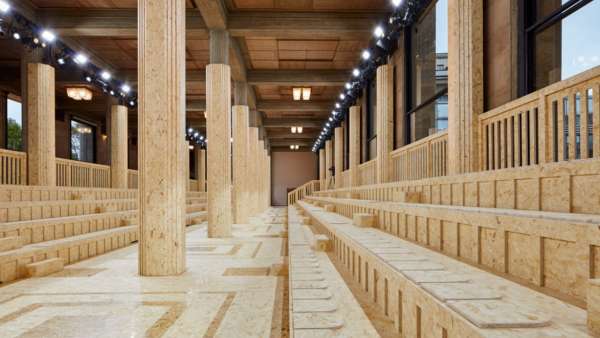 時(shí)裝發(fā)布展覽活動(dòng)現(xiàn)場(chǎng)用不同紋路的木頭創(chuàng)造了視覺差異，經(jīng)典而不無(wú)聊